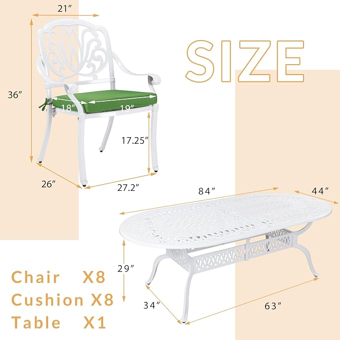 9-Piece Patio Dining Set, Outdoor Patio Table and Chair Set of 84” Oval Cast Aluminum Dining Table with Umbrella Hole and 8 Outdoor Dining Cushion Chairs, Patio Funiture Set, White