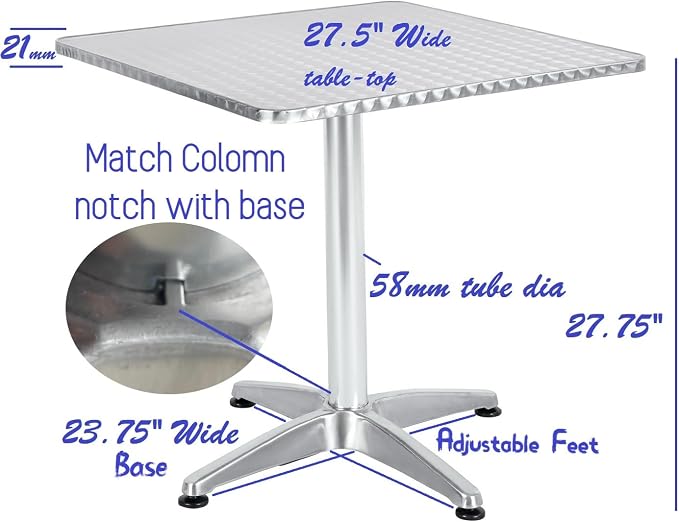 BTEXPERT Indoor Outdoor 27.5" Square Restaurant Table Stainless Steel Silver Aluminum + 4 Silver Gray Metal Aluminum Slat Stack Chairs Commercial