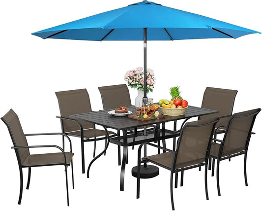 SUNCROWN 8 - Piece Outdoor Dining Set, Patio Furniture Set with 6 Textilene Dinning Chairs, 1 Rectangle Metal Table and 1 Sky Blue 9Ft Patio Umbrella for Lawn Garden Backyard Deck, Brown