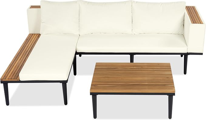 Luxury 4-Piece L-Shaped Outdoor Patio Sofa Set with Acacia Wood Side & Coffee Table, Removable Cushions & Pillows, Metal Frame, Comfortable Modular Conversation Sectional for Backyard, Porch, Beige