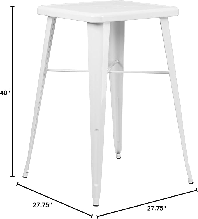 EMMA + OLIVER Commercial Grade 23.75SQ White Metal Indoor-Outdoor Bar Table Set-2 Stools-Backs