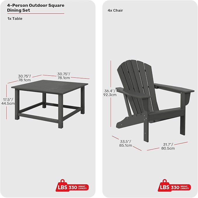 Costaelm Patio Conversation Set, Chairs Set of 5 Balcony Firepit Furniture Outdoor Adirondack Square Table and Chair Backyard Furniture Set for Lawn Porch Pool Garden, Gray