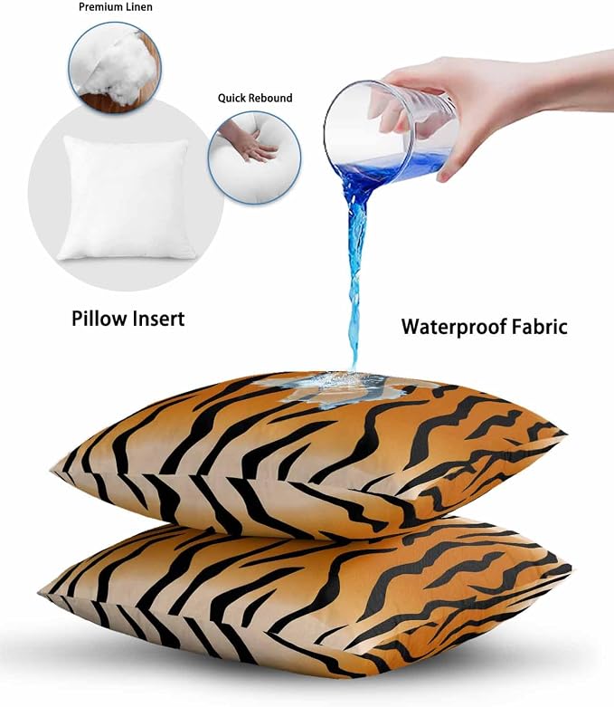 Outdoor Waterproof Throw Pillows Natural Tiger Skin Texture Patio Pillows,Decorative Pillow Covers with Insert,Pillow Cushion Case for Garden Couch Sofa Wildlife Animals Striped