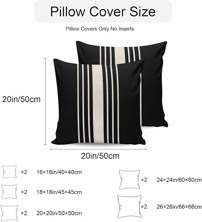 Vandarllin Outdoor Throw Pillows Covers 26x26 inch Set of 2 Waterproof Black Stripes Decorative Zippered Cushion Covers for Patio Furniture, Classic Striped Linen Lumbar Pillowcases