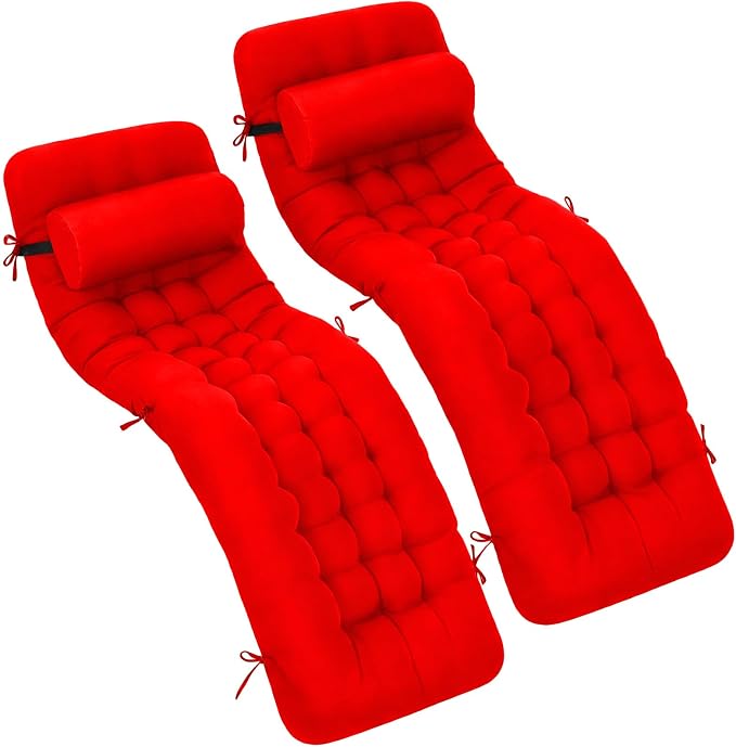 Tudomro Outdoor Chaise Lounge Cushion 66x21x4'' Waterproof & Fade-Resistant Patio Pool Chaise Lounge Cushion Headrest Pillow Tie Replacement Rocking High Back Chair(Bright Red,Set of 2)