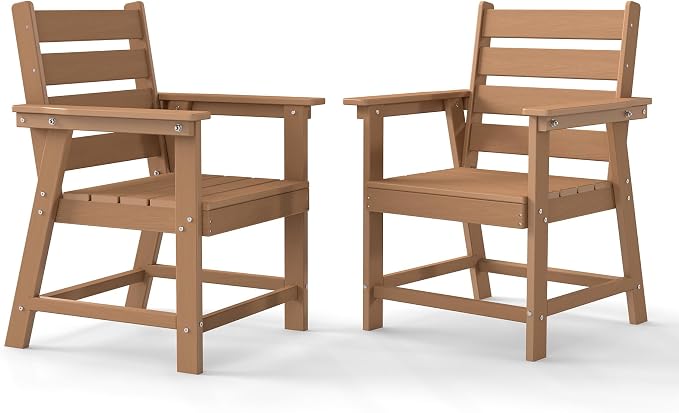 HDPE Dining Chair Set of 2, All-Weather Patio Dining Chair with Armrests, Wood Grain Texture, Heavy Duty Outdoor Furniture for Backyard, Garden.Cedar