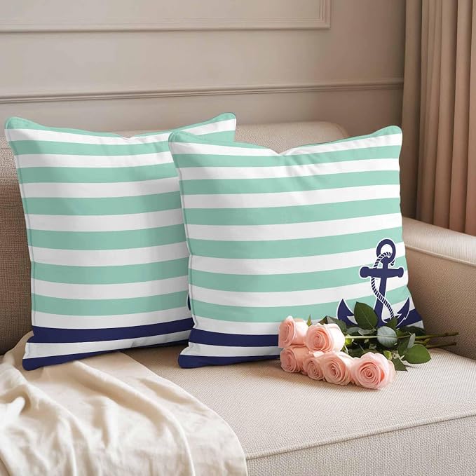 Blue Anchor Outdoor Waterproof Throw Pillow Covers Set of 2, 18"x18", Costal Mint Green White Stripes Background Decorative Pillow Covers Outside Cushion Case for Patio Porch Garden