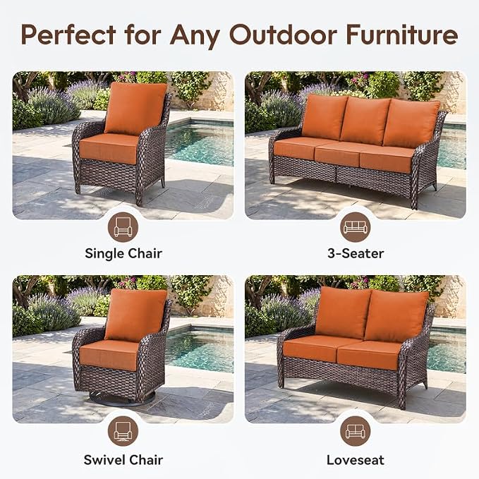 Luxury 22*24*6in Outdoor Patio Cushions, 8 Pieces Orange Outdoor Cushion | 6'' Thick Outdoor Cushions, Water-Resistant, Reversible, Removable Cover, for Patio Chairs Sofa Couch Loveseat