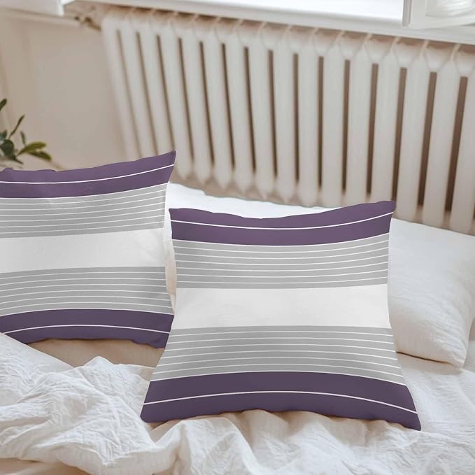 Purple Grey Stripe Outdoor Pillow Covers Waterproof, All Weather Cushion Case Set of 2, Modern Art Horizontal Striped Decorative Pillowcases for Sofa Couch Bed Decor Patio Furniture 16"x16"