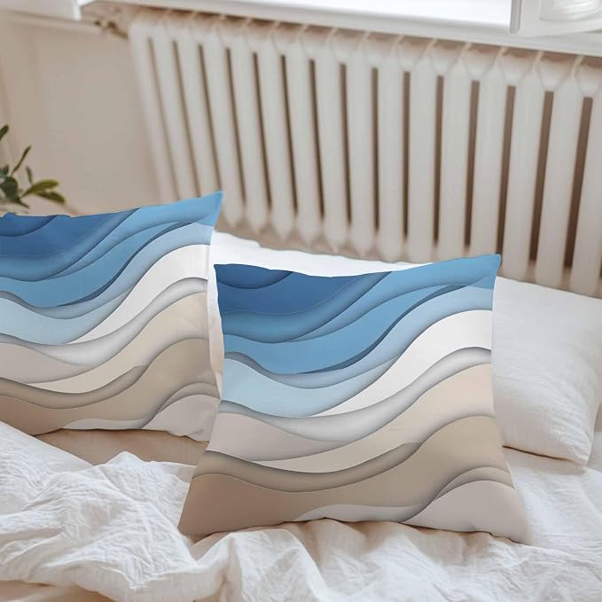 Modern Outdoor Pillow Covers Set of 2,Geometric Line Wave Striped Decorative Waterproof Throw Pillow Case,Minimalist Blue Brown Ombre Gradient Cushion Pillowcases for Couch Garden Patio,20x20In