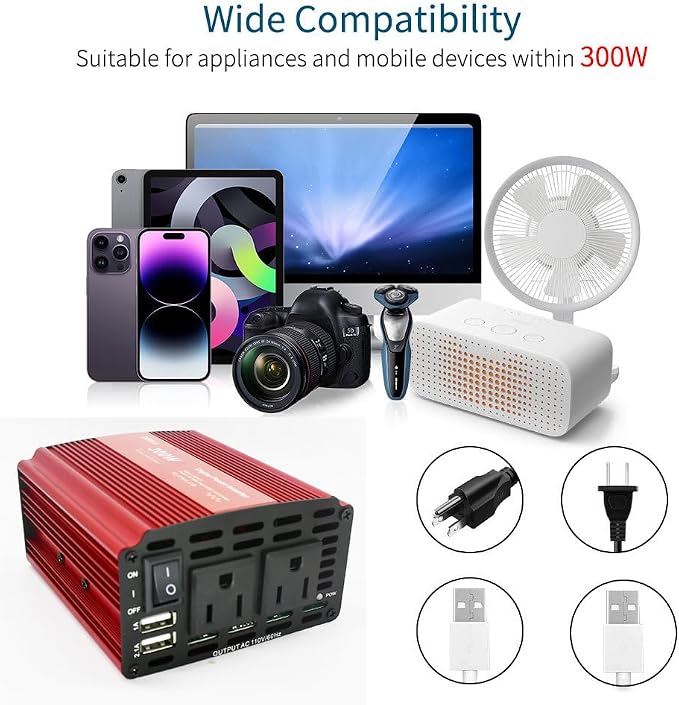 Car Power Inverter 300W Power Inverter for Car, Car Inverter Power Outlet DC 12V to 110V AC Converter Outlet Charger with one USB Charger and one Type-C for Phone, iPad, Laptop, Camera, Camping, etc