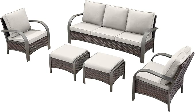 HUMMUH Outdoor Patio Conversation Furniture Sets-Deep Seating Wicker Patio Chairs with Patio Sofa Set Outdoor Patio Furniture for Deck Porch Garden Poolside Backyard-Brown/Beige
