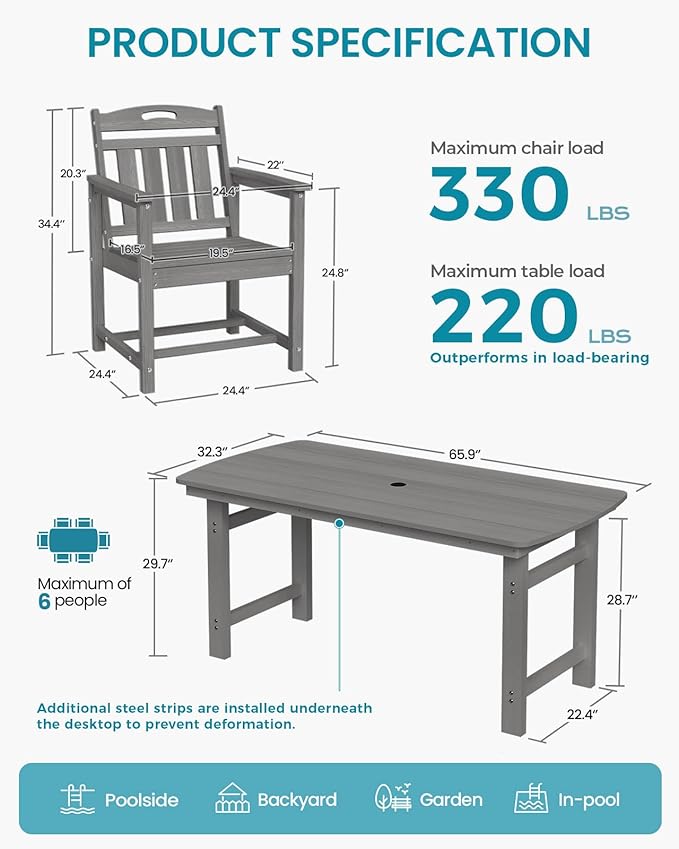 Ciokea Outdoor Patio Dining Chair, HDPE Oversized Porch Chairs with Wide Seat, All-Weather Durable Heavy-Duty Outdoor Furniture for Backyard, Poolside, Lawn & Garden, Grey