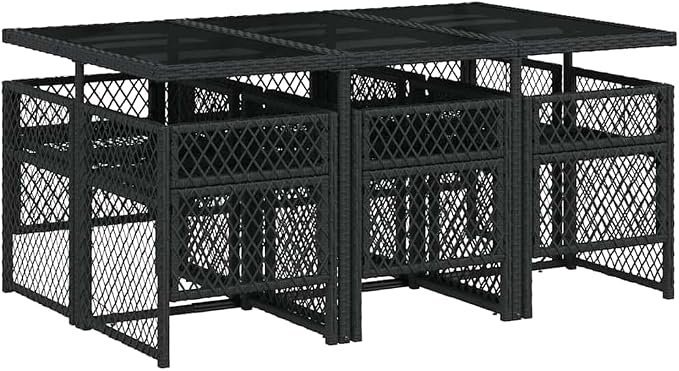 7-Piece Garden Dining Set Black Poly Rattan Tempered Glass | Cream White Cushions, Foldable Chairs, Weather Resistant, Easy Clean, Patio Furniture
