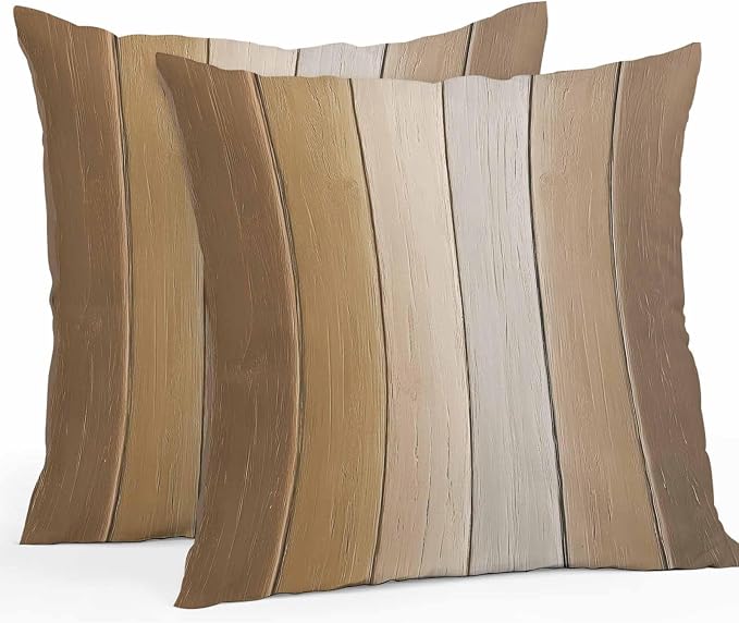 Throw Pillow Covers 24x24 Inch Set of 2, Brown Ombre Waterproof Outdoor Cushion Covers, Vintage Country Wooden Decorative Pillowcases for Couch, Sofa, Bed, Garden, Patio