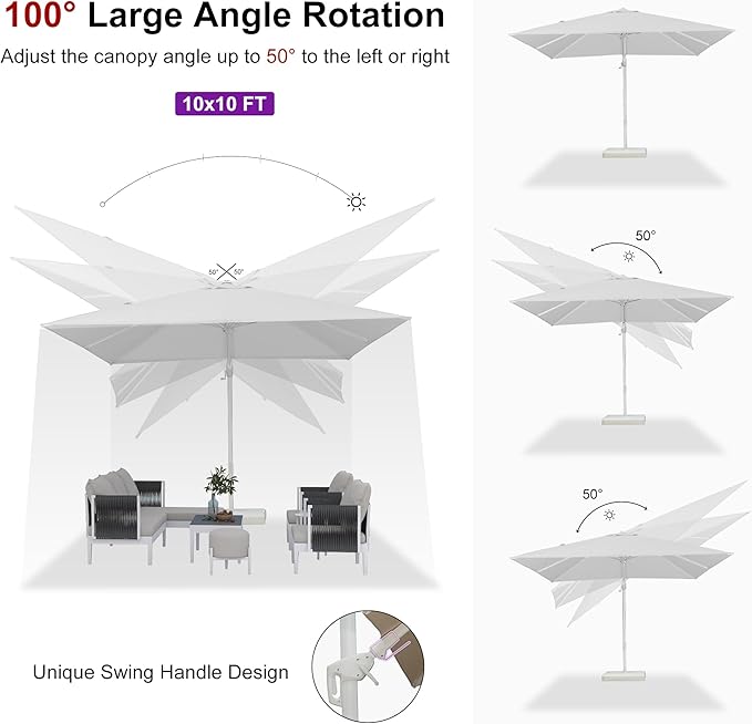 PURPLE LEAF 10 FT Right-left Tilt White Cantilever Umbrella with Base Patio Outdoor Swivel Umbrellas with Aluminum Tilt Offset Parasol with 360° Rotation for Deck Pool, White