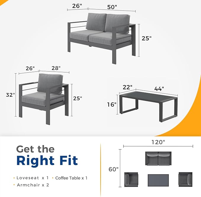 Solaste Outdoor Aluminum Furniture Set - 4 Pieces Patio Sectional Chat Sofa Conversation Set with Tempered Glass Table top Coffee Table,Grey