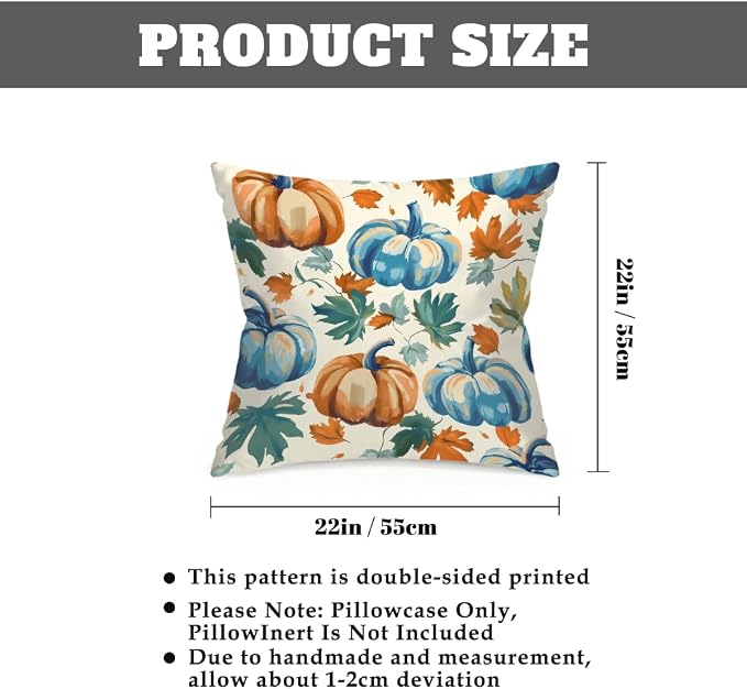 22x22 Inch Outdoor Pillow Covers Set of 2 Waterproof Throw Pillow Covers Decorative Couch Cushion Covers Blue Pumpkin Fall Leaf Square Pillowcases Protectors for Patio Garden Sofa