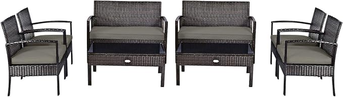 Tangkula 8-PCS Wicker Patio Conversation Furniture Set, Outdoor Rattan Chair and Table Set, Patio Furniture Sets with Coffee Table & Washable Cushions for Courtyard Balcony Garden (2, Brown)