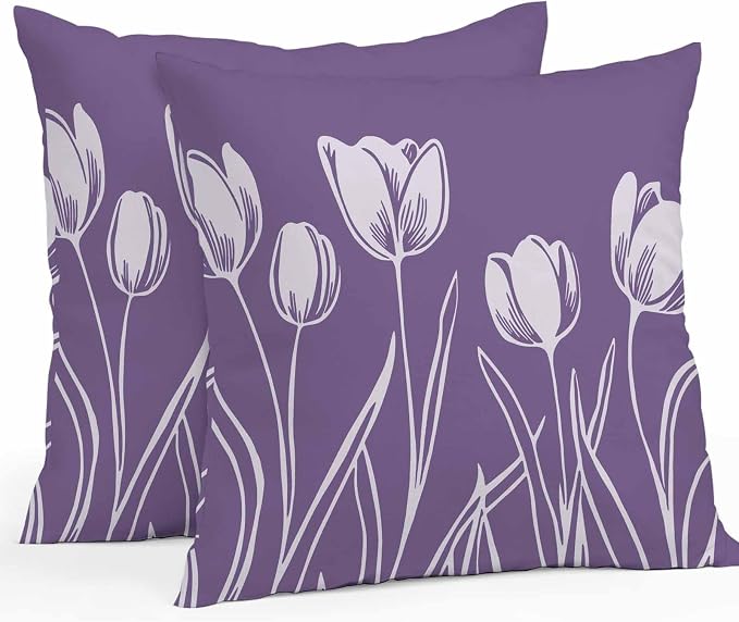 Purple Flower Waterproof Outdoor Pillow Covers Set of 2 Home Decor, Country Garden Floral Aesthetics Plant Pillowcase Patio Pillow Covers for Couch Bench Furniture Garden 24x24in