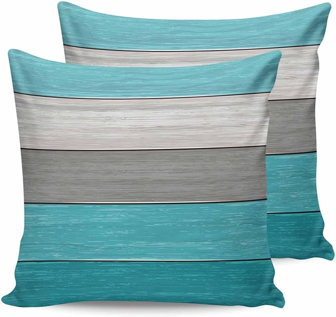 Outdoor Throw Pillow Covers 24X24 Set of 2 Waterproof Ombre Aqua Blue Gray Decorative Zippered Cushion Covers for Patio Furniture, Farmhouse Retro Rustic Barn Wood Texture Lumbar Pillowcases