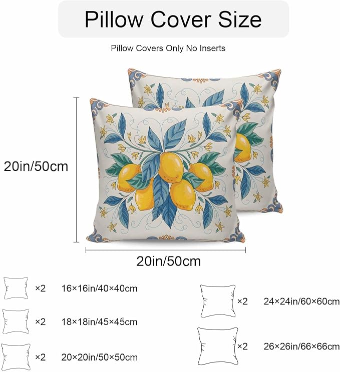 Throw Pillow Covers 16x16 Inch Set of 2, Yellow Blue Lemon Waterproof Outdoor Cushion Covers, Summer Botanical Farmhouse Decorative Pillowcases for Couch, Sofa, Bed, Garden, Patio