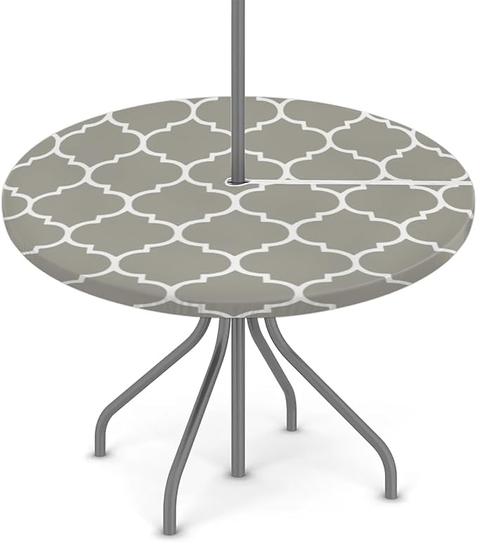 Fitted Round Tablecloth with Umbrella Hole and Zipper Grey Moroccan Outdoor Elastic Table Cloth 45"-56" Oil-Proof Waterproof Patio Table Cover for Dining Picnic Party