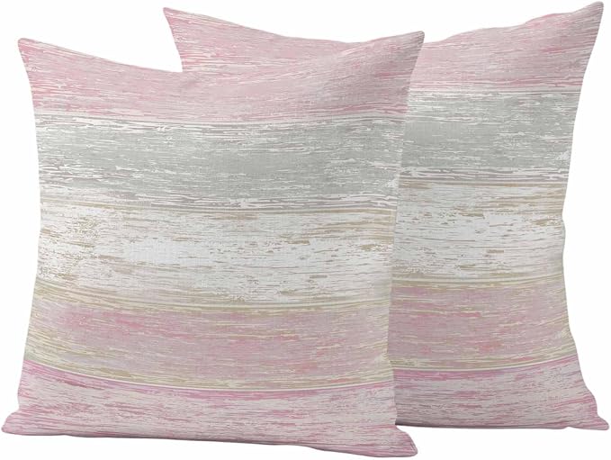 Outdoor Waterproof Throw Pillow Covers, Vintage Pink Grey Decorative Pillow Cases, Farmhouse Barn Wooden Striped Couch Pillow Protector Patio Sofa Cushion Covers Replacement 20"x20" 2 Pack
