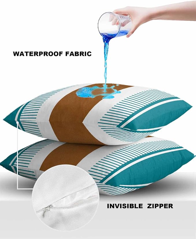Outdoor Waterproof Throw Pillow Covers 24x24in, Farmhouse Boho Stripes Cushions for Garden Patio Furniture Chairs Set of 2, Teal Brown Home Decor Couch Sofa Polyester Pillow Cases