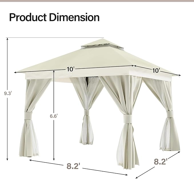LAUSAINT HOME Patio Gazebo 10'x10', with 50ft Lights Outdoor Heavy Duty Party Tent Shelter with Double Roofs, Mosquito Nettings and Privacy Screens for Backyard, Garden, Lawn, Cream White
