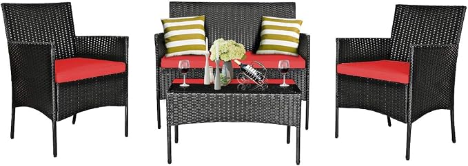 Tangkula 4 Piece Patio Furniture Set, Outdoor Wicker Conversation Set with Tempered Glass Coffee Table, Rattan Loveseat & Chairs Set with Seat Cushions for Backyard, Garden, Poolside (1, Red)