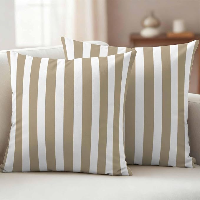 Beige Striped Outdoor Waterproof Throw Pillow Covers 18x18 Set of 2, Modern Farmhouse Beige White Stripes Decorative Pillowcases Cushion Pillowcase for Couch Sofa Patio Outside Pillow Protector