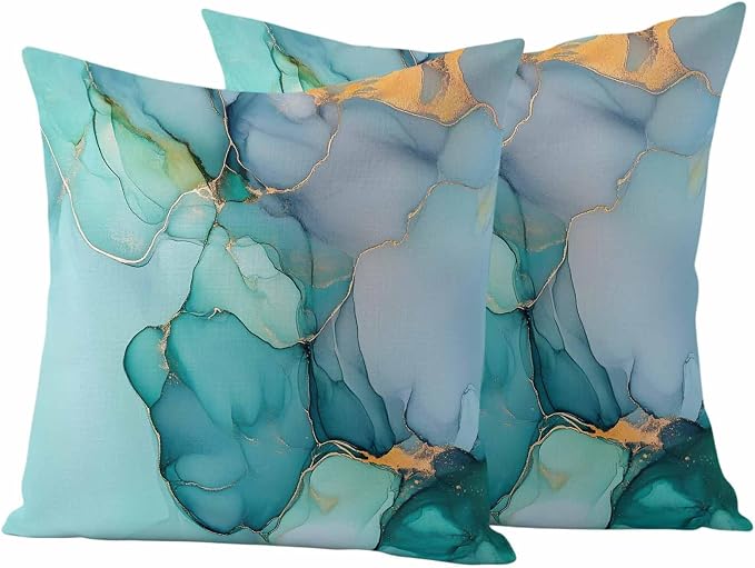 Abstract Teal Outdoor Waterproof Throw Pillow Covers Set of 2, 18"x18", Blue Gold Marble Natural Stone Cracks Modern Decorative Pillow Covers Outside Cushion Case for Patio Porch Garden