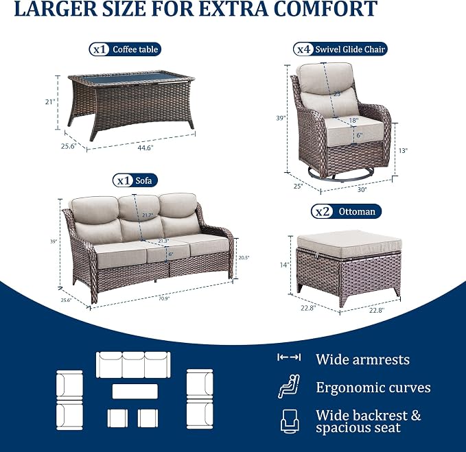 Luxury Swivel Rocker Chair Sofa Set with 6" Thick Cushions,8-Piece Wicker Patio Chair with Coffee Table and Ottoman,Outdoor Comfortable High Back Chair Patio Furniture Set - Brown | Beige