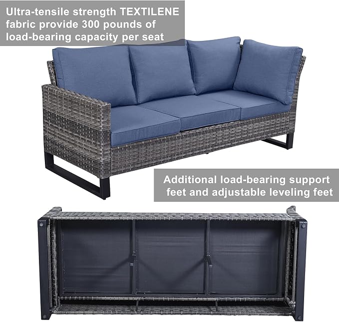 Belord Outdoor Sectional Furniture with Swivel Rocker Chair, 10 Pieces Wicker Patio Furniture Sets with Ottoman L Shaped Sofa Coffee Table Blue Cushion