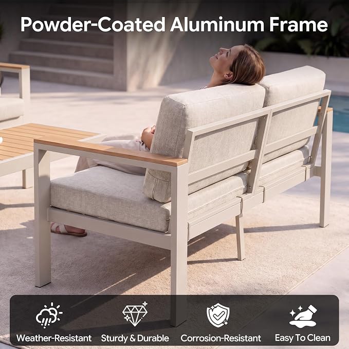 Outdoor Patio Furniture Set, 4-Piece Aluminum Conversation Set with Loveseat, 2 Chairs and Coffee Table, 5-Inch Water-Resistant Cushions for Backyard, Porch, Poolside, Beige