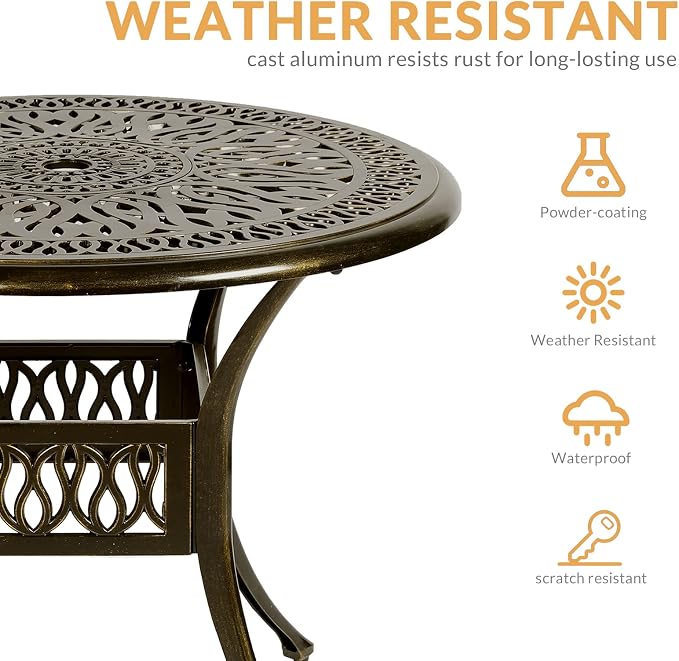 5-Piece Outdoor Patio Dining Set, All-Weather Cast Aluminum Patio Furniture Set for Backyard Garden Deck with 4 Chairs, 4 Cushions and 35.4" Round Table, 2" Umbrella Hole