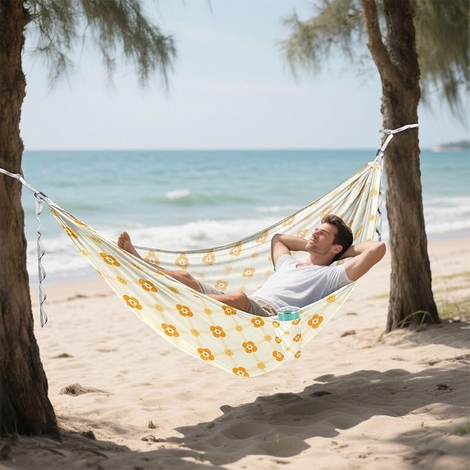 Camping Hammock Outdoor Hammocks for Outside Yellow Floral Lattice Beach Trees Portable Lightweight with Pockets Tree Straps Indoor