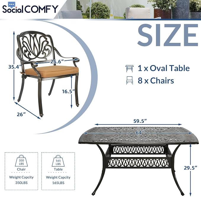 9-Piece Patio Cast Aluminum Dining Set, Outdoor Dining Furniture Set for 8 Person, Includes 64" Square Table and 8 Cushioned Chairs with Umbrella Hole for Patio Deck Garden, Tan