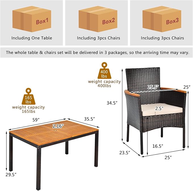 7 Pieces Patio Dining Set Outdoor Dining Set with Umbrella Hole, Wicker Patio Furniture Set with Acacia Wood Table and Chairs, Garden Dining Table Set for Backyard, Desk, Poolside (Brown)