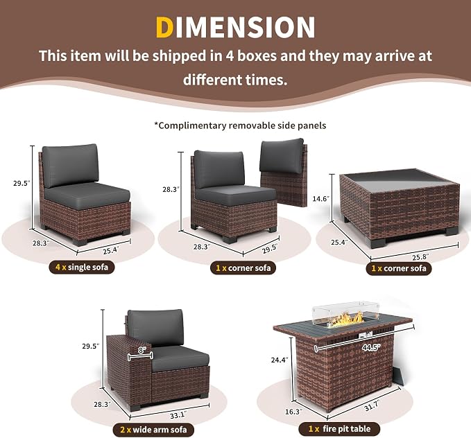 Patio Furniture with Fire Pit Table,8‘’ Wide armrest Outdoor Sectional Rattan Sofa Set, Wicker Patio Furniture Sets w/Coffee Table,Thick Cushions and Cover for Porch, Deck, 9 PC (Brown&Grey)