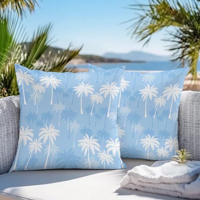 Throw Pillow Covers 16x16 Inch Set of 2, Tropical Palm Tree Waterproof Outdoor Pillow Covers, Blue White Plants Coastal Botanical Leaf Decorative Cushion Pillowcases for Patio, Garden, Couch, Sofa
