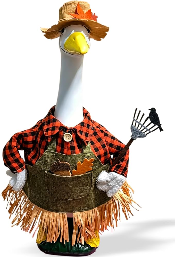 Fall Scarecrow Porch Goose Outfit – 3Pcs Harvest Farmer Costume with Straw Hat, Plaid Shirt Apron & Pitchfork Prop for 23'' Lawn Goose Statue, Outdoor Patio Yard Autumn Thanksgiving Halloween Decor