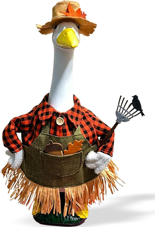 Fall Scarecrow Porch Goose Outfit – 3Pcs Harvest Farmer Costume with Straw Hat, Plaid Shirt Apron & Pitchfork Prop for 23'' Lawn Goose Statue, Outdoor Patio Yard Autumn Thanksgiving Halloween Decor