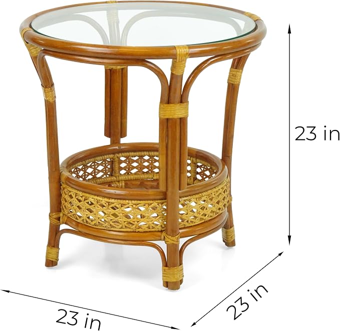 Malibu Handmade Natural Rattan Living Room Set of 2 Rocking Lounge Chairs and Round Coffee Table with Glass, Colonial Color, Dark Brown Cushions