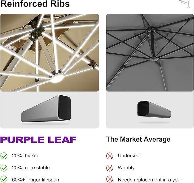PURPLE LEAF 9' X 12' Solar Powered LED Patio Large Umbrella Offset Double Top Hanging Umbrella Outdoor Market Umbrella for Garden, Heather Taupe