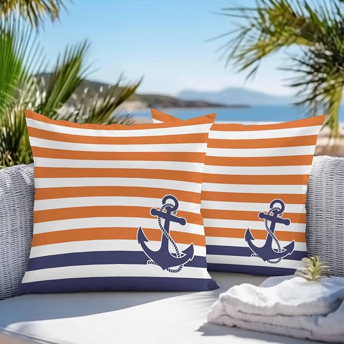 Throw Pillow Covers 18x18 Inch Set of 2, Anchor Orange Waterproof Outdoor Cushion Covers, Modern Navy Blue White Striped Nautical Decorative Pillowcases for Couch, Sofa, Bed, Garden, Patio