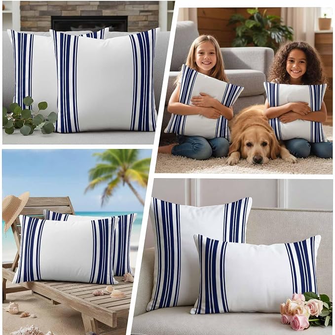 Navy Blue and White Striped Outdoor Pillow Covers Set of 2 Modern Minimalist Vertical Lines Waterproof Throw Pillow Cover Decorative Cushion Cases for Patio Porch Garden 18X18 Inch