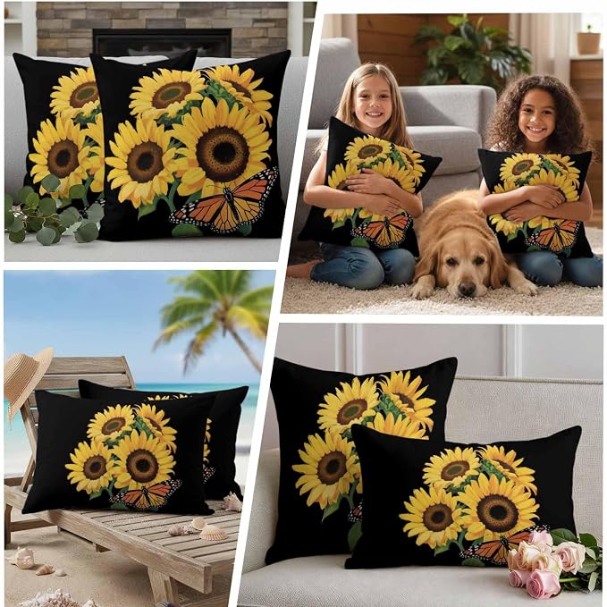 Outdoor Waterproof Throw Pillow Covers Set of 2 Watercolor Sunflower Pillowcases 20x20 Inches Summer Floral Butterfly Decorative Pillows Cushion Case Patio Pillows for Couch Bed Chair Garden