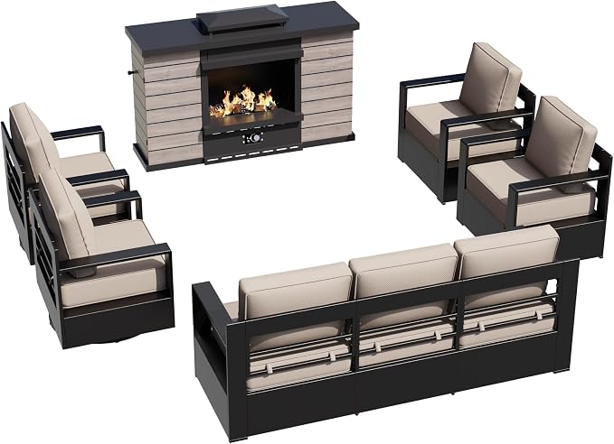 Outdoor Aluminum Furniture Set, 6-Piece Patio Conversation Set, 2 Swivel Chairs, 2 Chairs,1 Sofa and 1 Fireplace, All-Weather Metal Frame, 6" Thick Removable Cushions, Deep Setting for Porch